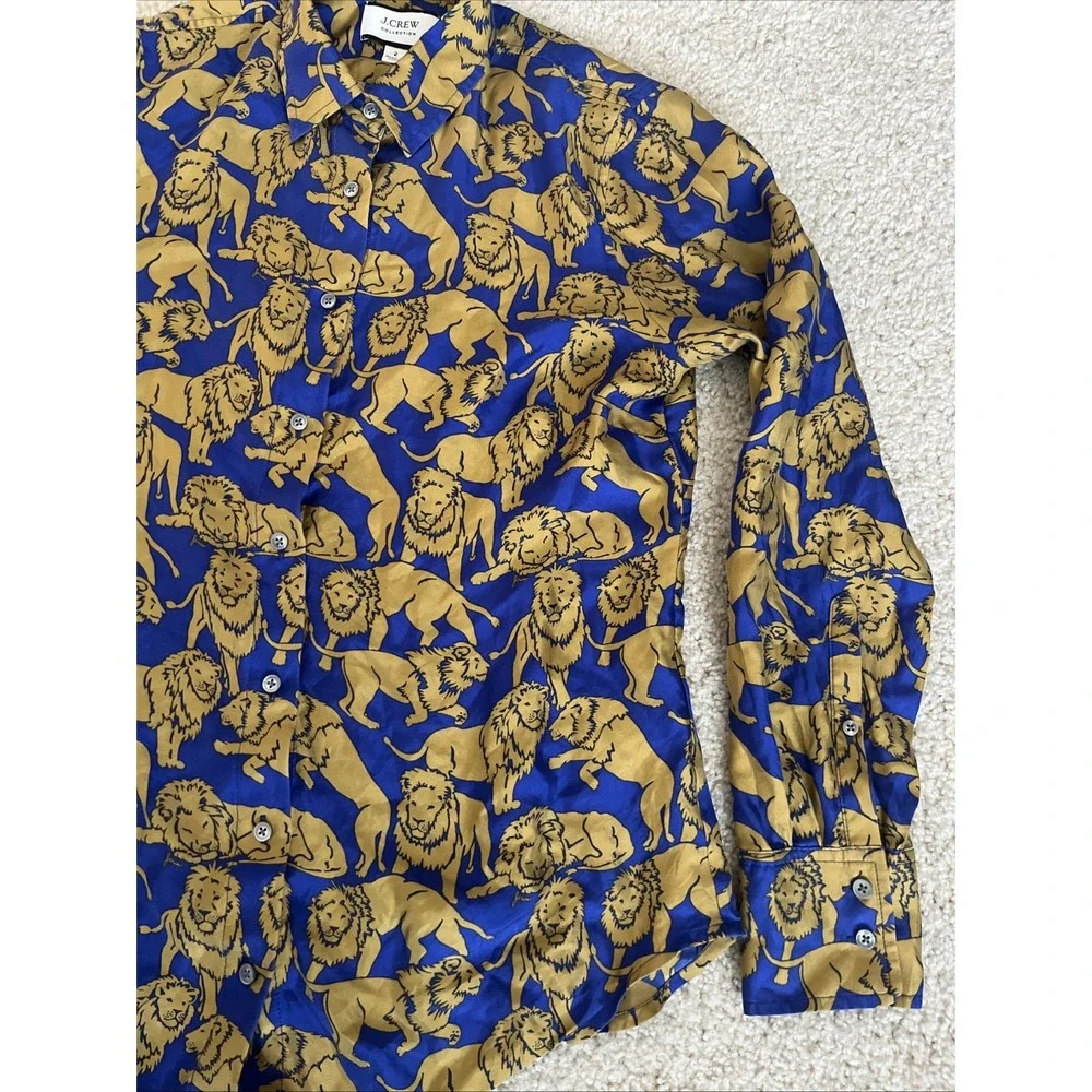 J Crew Collection 100% Silk Sleepy Lions Button Blouse Blue Gold 2